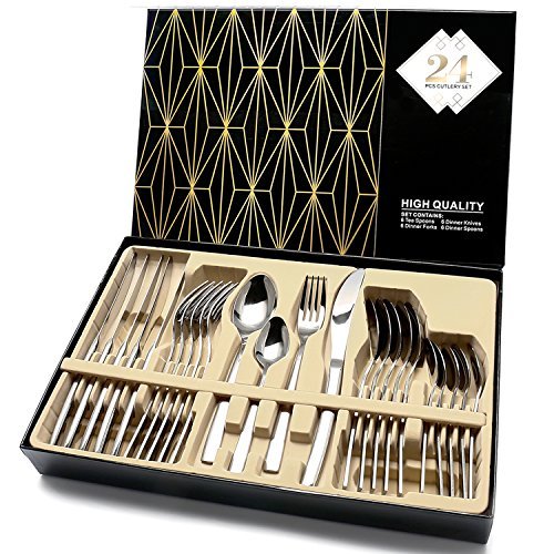 Silverware Set with Square Edge Service for 6 Spoons Forks Elegant Life Cutlery Set 24Pcs 18/10 Stainless Steel Cutlery Service for 6 Mirror Polished Dishwasher Safe Includes Knives 