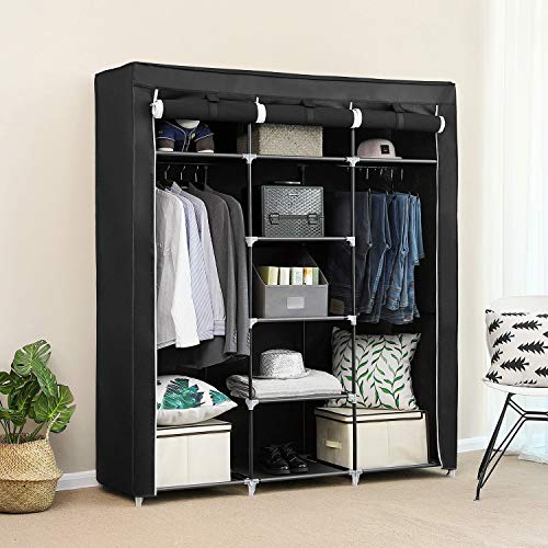 SONGMICS Canvas Wardrobe Clothes Storage Cupboard with 12 Shelves Clothes Hanging Rail Storage Shelves175 x 150 x 45 cm Black LSF03H 